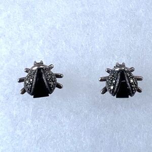925 Sterling Silver Onyx and Marcasite Beetle Stud Earrings